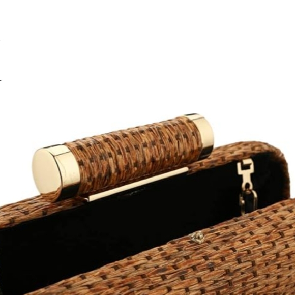 Rattan Hard Case Clutch Purse Brown Boho Woven Wicker Bag Crossbody Chain Strap - Picture 11 of 14